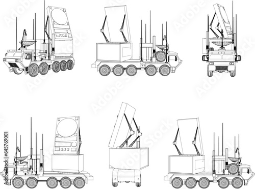 Vector illustration sketch detailed design of enemy aircraft detection radar carrier combat vehicle