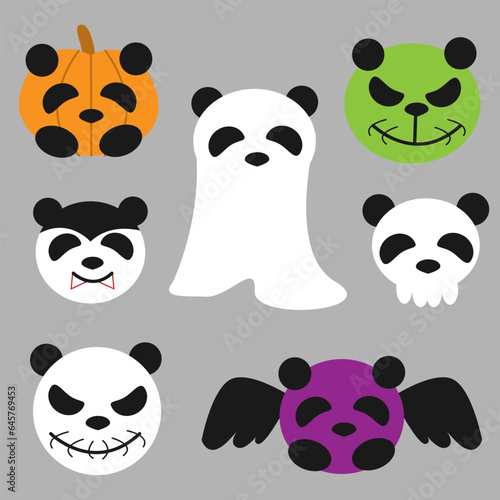 isolated halloween elements with panda face, ghost, pumpkin, zombie, vampire, skull.