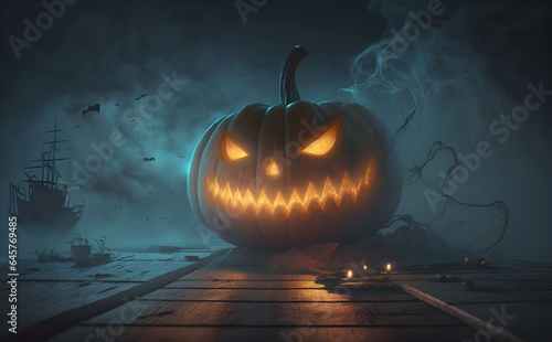 Pumpkin on wooden planks, Halloween concept art, Generative AI