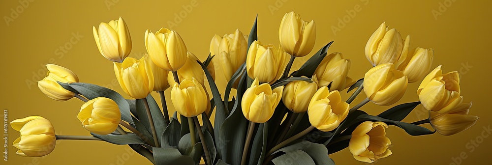 Obraz premium tulips on yellow background, copy space 