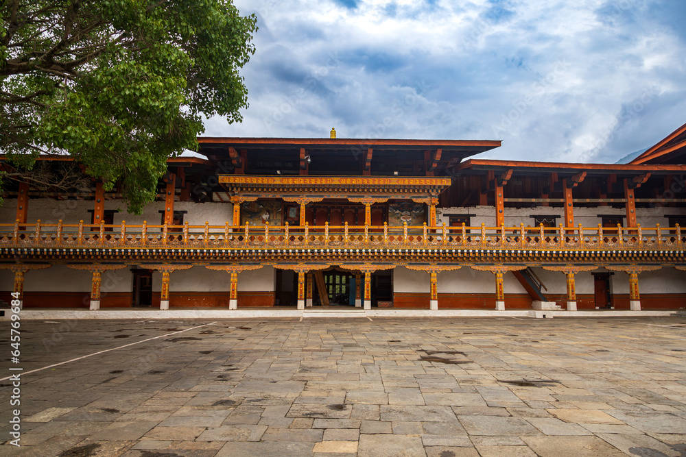 View of an interiors of a monastery in Bhutan, view of architecture of a religious temple in Asia.