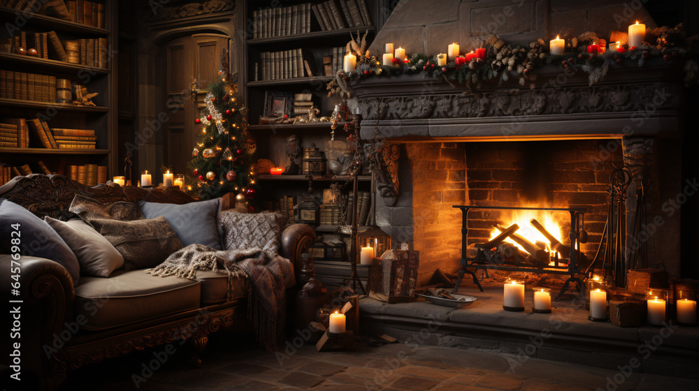 Festive and Cozy Christmas: A beautifully decorated living room with a roaring fireplace, adorned with twinkling lights and stockings hung by the chimney