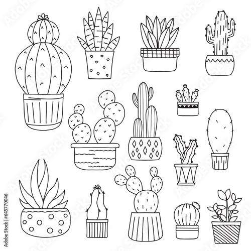 Set of cute succulents. Kawaii cactus. Black and white doodle style illustration