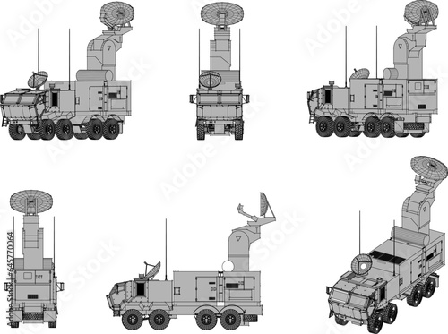 Vector illustration sketch detailed design of enemy aircraft detection satellite radar carrier combat vehicle