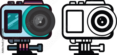 Action camera cartoon vector illustration, action cam , video recorder vector image , colored and black and white line art stock clip art