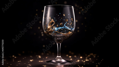 The wine glass sparkles and shimmers with a magical starry glow inside.