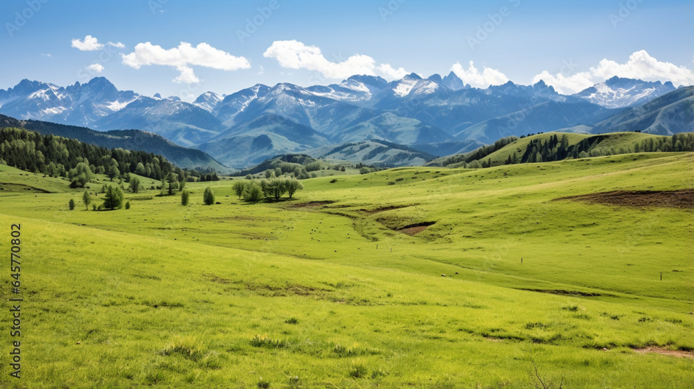 Mountain Range with Grassy Field in Foreground
