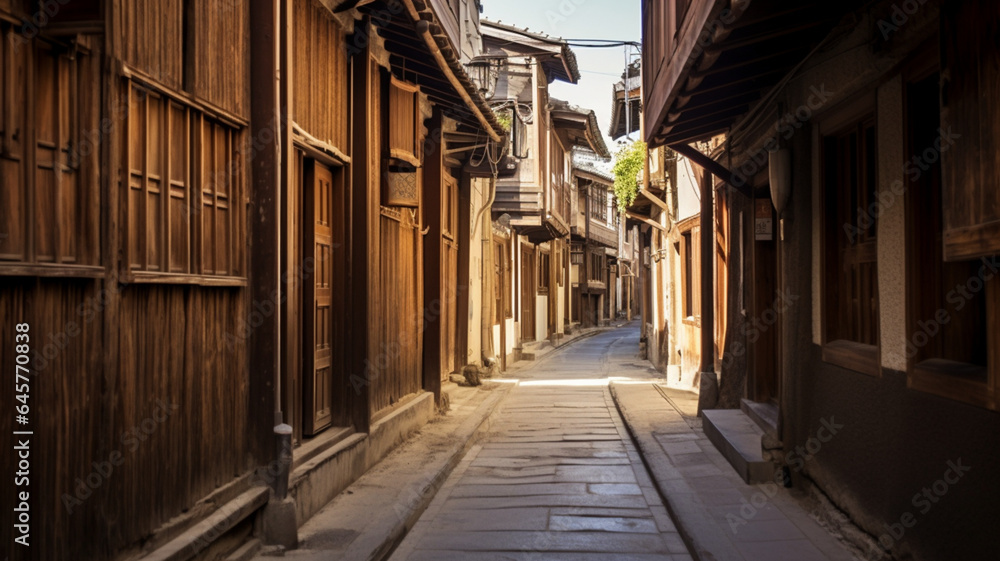 Narrow Alley with Wooden Building in Background