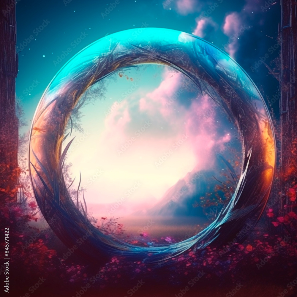 Fototapeta premium Magic portal ring frame background. Purple 3d ring glowing with red flowers and vegetation and magical night clouds with sea in fantasy space