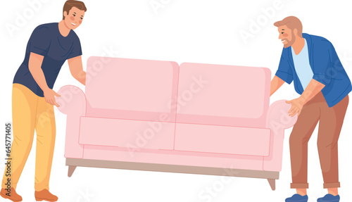 Men carrying sofa. People lifting couch. Moving furniture