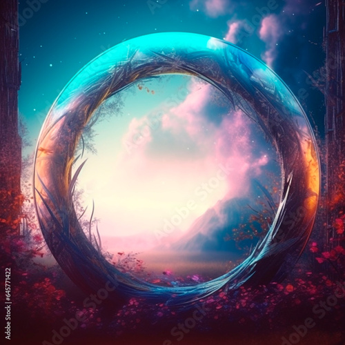 Magic portal ring frame background. Purple 3d ring glowing with red flowers and vegetation and magical night clouds with sea in fantasy space