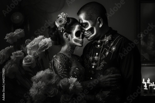 El Dia de Muertos black and white photo of a couple with painted faces of the dead.