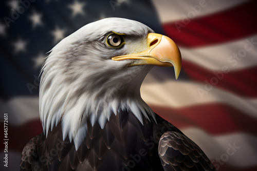 American bald eagle in front of a United States flag