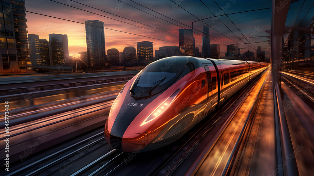 A lightning-fast bullet train racing amidst a futuristic cityscape, with skyscrapers soaring all around. A lightning-fast bullet train racing amidst a futuristic cityscape, with skyscrapers soaring all around.