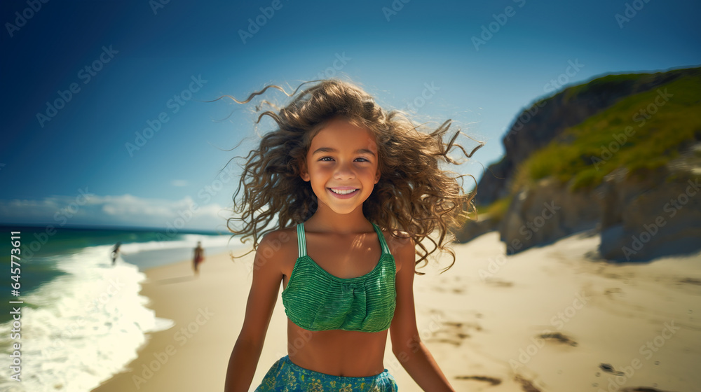 Little young girl in green swimwear smiling wide on the beach