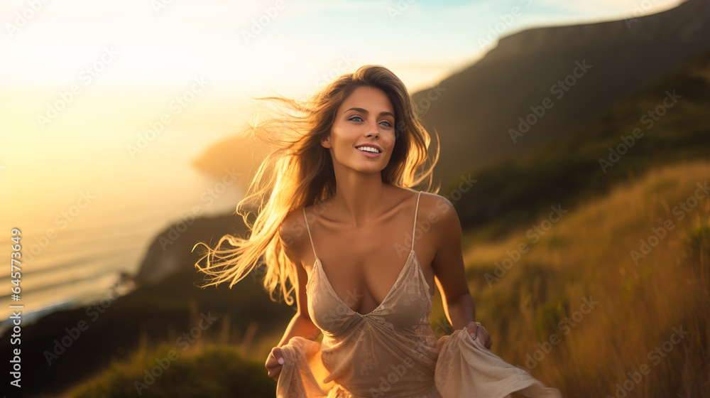 Naklejka premium Young stunning blonde woman in long sheer dress with ample cleavages walking on coastline at sunlight with sun shining in her hair and dress , she is smiling and looking at camera