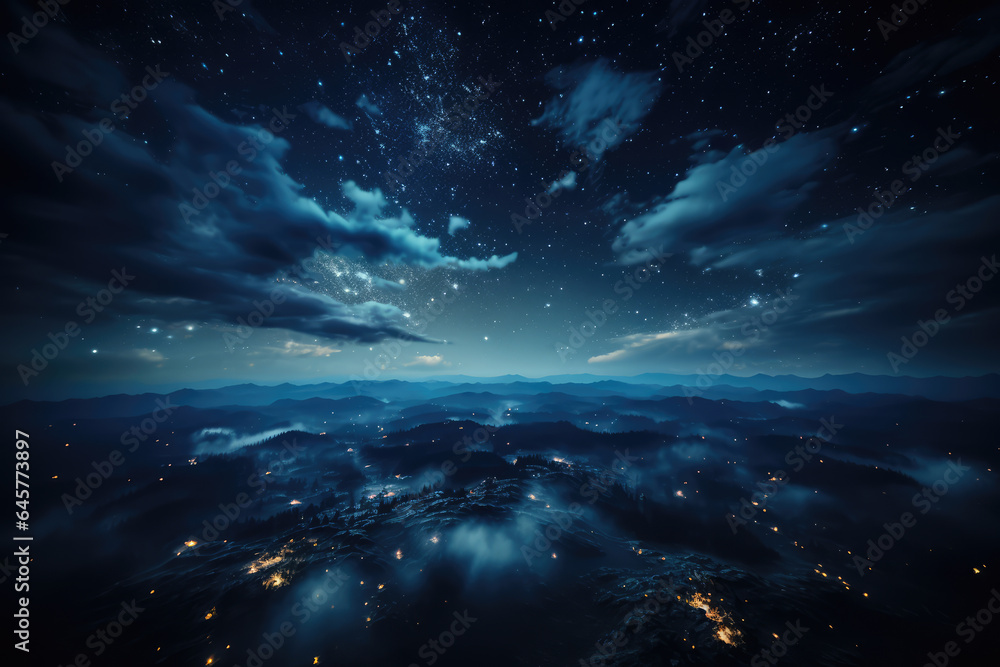 City night from the view point on top of mountain , World map in night sky. High quality photo