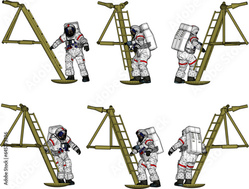 Vector illustration sketch of astronaut landing space flight design on moon