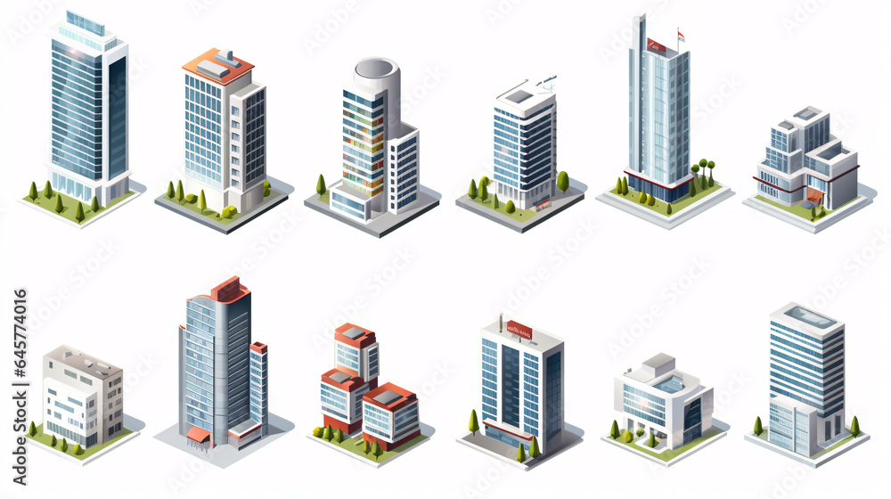 An array of isometric skyscraper buildings, representing a variety of business offices and commercial towers
