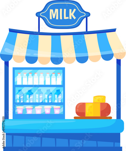 Milk shop. Cartoon dairy product street market stand