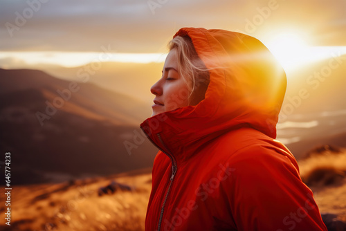 Woman at dawn in autumn in the mountains