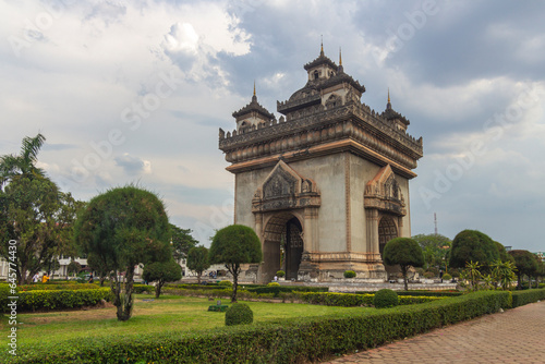 Vientiane, Laos - 02 May 2023 - Patuxai Gate in the Thannon Lanxing area of Vientiane, Laos