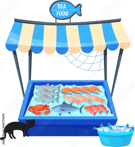 Fish stand. Cartoon street market food stall