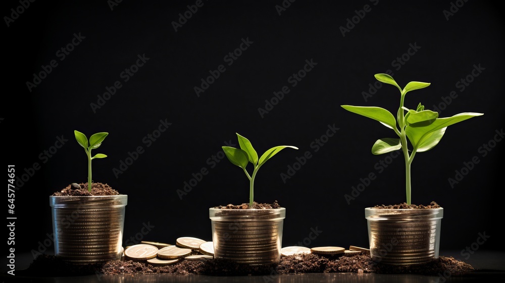 Growing Money - Plant On Coins, Stocks, Investement, concept: financial freedom. copy space, 16:9 Growing Money - Plant On Coins, Stocks, Investement, concept: financial freedom. copy space, 16:9