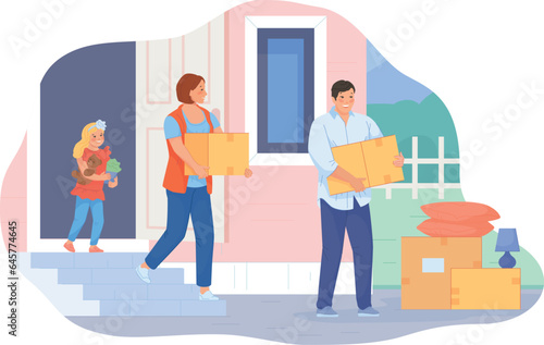 Family moving house. Happy parents and kid with cardboard boxes