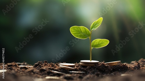 Growing Money - Plant On Coins, Stocks, Investement, concept: financial freedom. copy space, 16:9