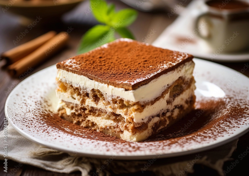 Slice of tiramisu cake with cocoa and mascarpone on cafe table.Macro.AI Generative Slice of tiramisu cake with cocoa and mascarpone on cafe table.Macro.AI Generative