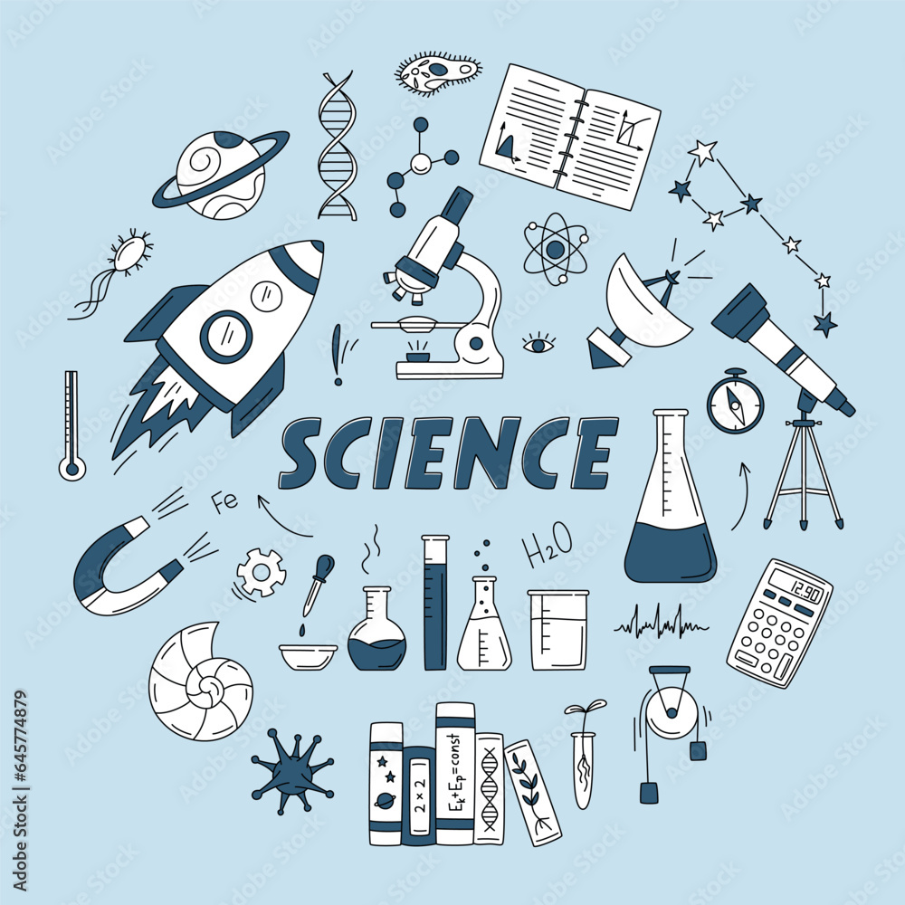 Science doodle set in circle with rocket, constellation, telescope ...