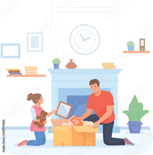 Girl help father packing things in cardboard box