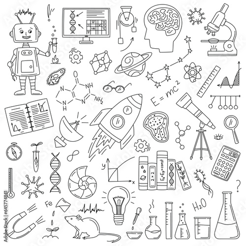 Science doodle set with rocket, constellation, telescope, microscope, flask, books, DNA, magnet, planet, radio telescope in doodle style. Vector line art sketch