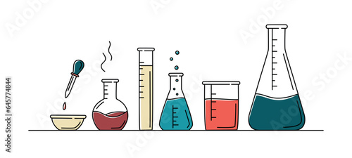 Set of colourful chemical flasks in doodle style