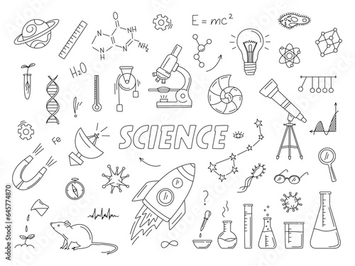 Science doodle set with rocket, constellation, telescope, microscope, flask, books, DNA, magnet, planet, radio telescope in doodle style. Vector line art sketch