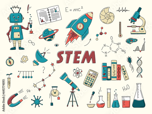 STEM doodle set with rocket, constellation, telescope, microscope, flask, books, DNA, magnet, planet, radio telescope in doodle style. Vector colourful line art sketch