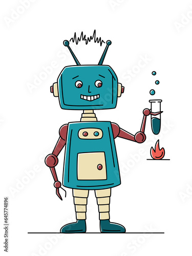 Laboratory robot with test tube, Science vector illustration
