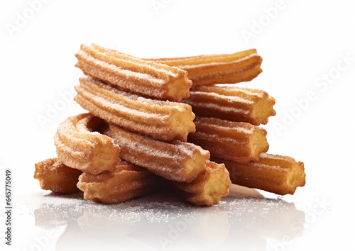 Churros pastry with sugar powder on white background.Macro.AI Generative