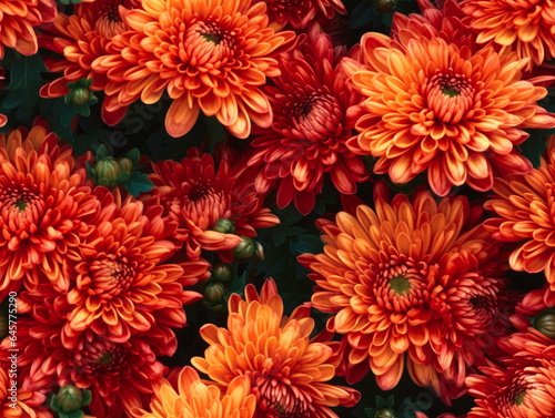 Orange chrysanthemum flowers seamless pattern, nature background. Generative AI