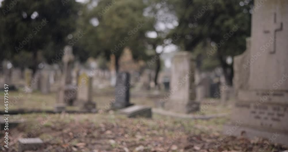Graveyard, burial and tombstone in cemetery for death ceremony, funeral ...