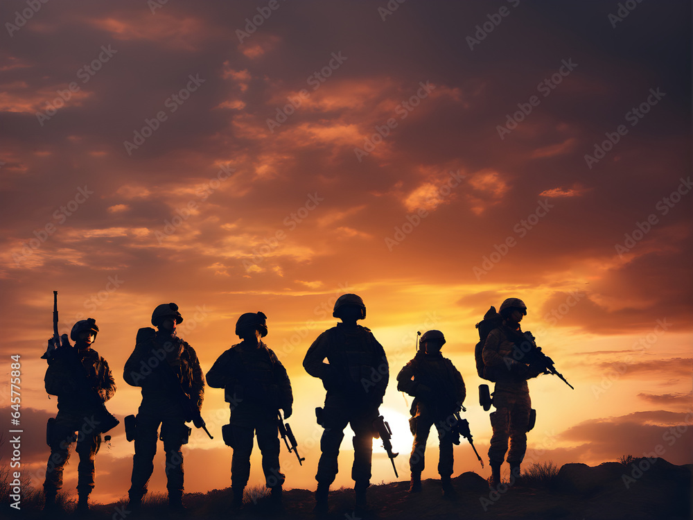 six silhouettes of soldier against the background of the sunset sky. generative AI