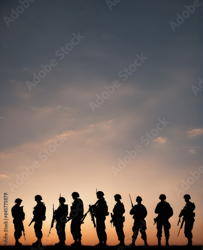 five silhouettes of soldier against the background of the sunset sky. generative AI