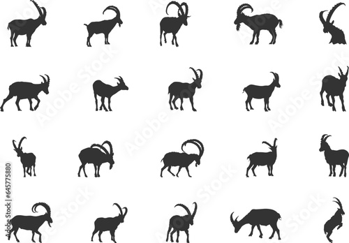 Ibex silhouette, Ibex goat silhouette, Alpine ibex silhouette, Ibex vector, Ibex Gazelle, Ibex icon set