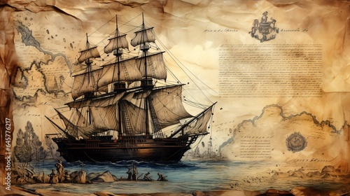 Aged Sailboat, Compass, and Antique Map: Exploring Maritime History. This concept explores the world of sea voyages, discoveries, pirates, sailors, geography, and history photo