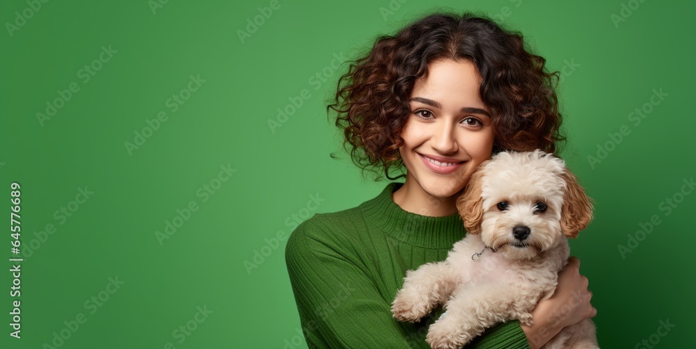 Smiling young woman with curly hair hugging cute puppy dog isolated on green background, concept of pet lover and animal protection, with copy space. Smiling young woman with curly hair hugging cute puppy dog isolated on green background, concept of pet lover and animal protection, with copy space.
