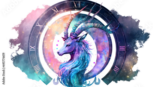 watercolor illustration, zodiac sign on clock background, fantastic atmosphere