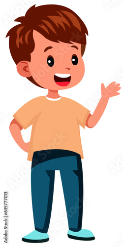 confident kid speaking up flat style vector illustration, confident boy standing and speaking up stock vector image