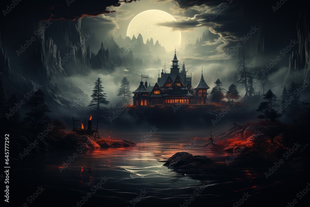 illustration of a scary house at night with fog. Concept of Halloween