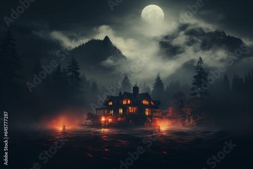 illustration of a scary house at night with fog. Concept of Halloween